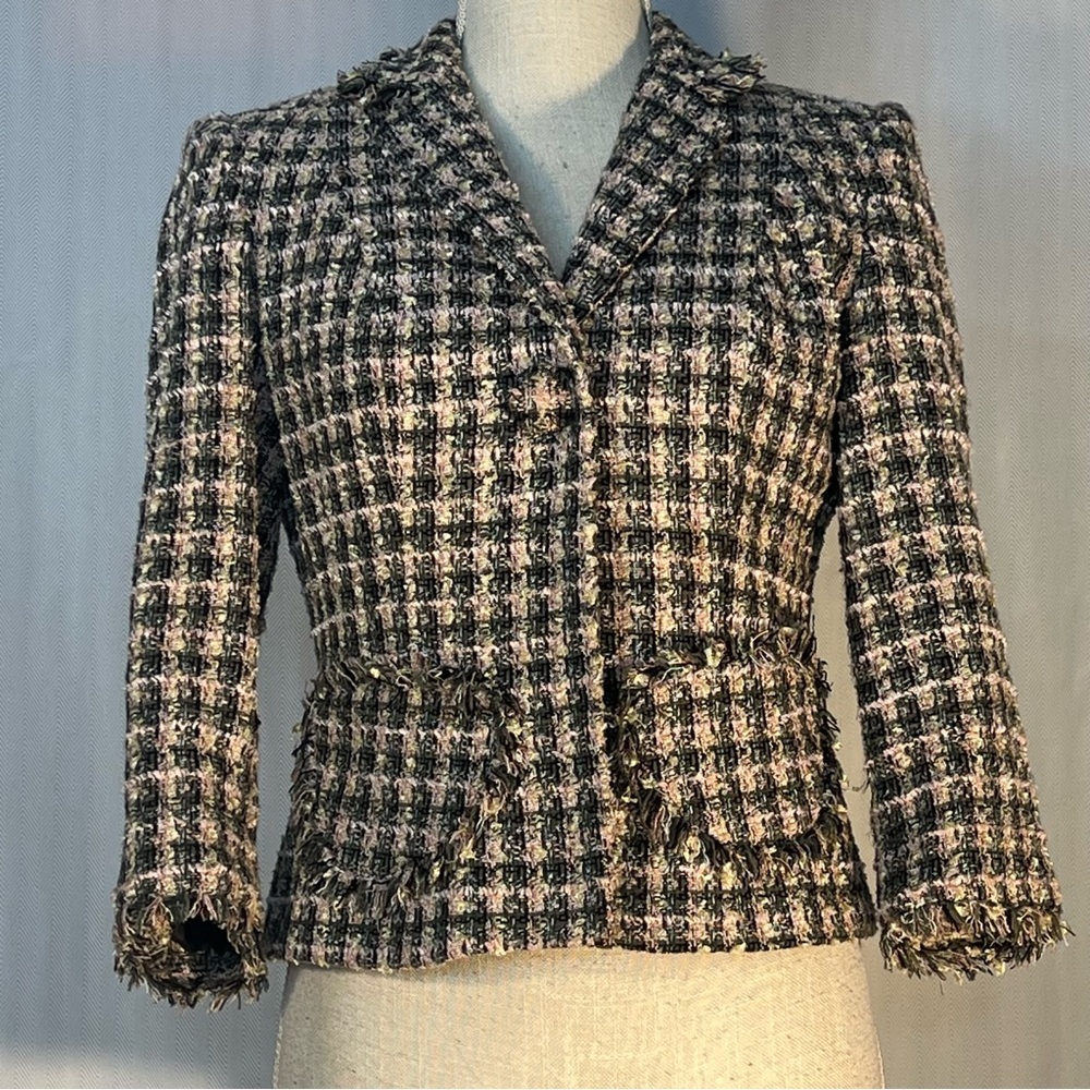 Boho Tweed Jacket Gray & Pink Raw Edges Pockets One Button 4👍